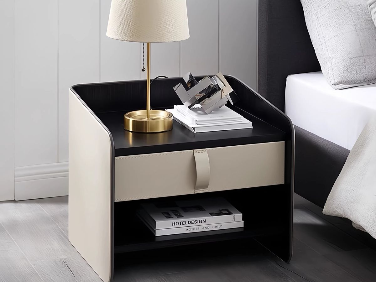 Luxury Leather Bedside Table with Metal Hardware
