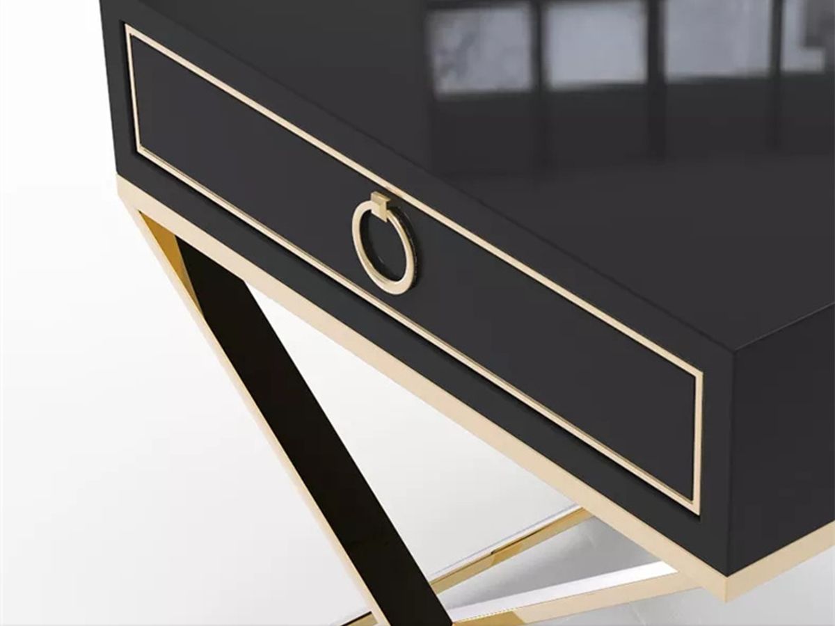 Black Lacquer Bedside Table with Gold Trim | Modern Square Nightstand