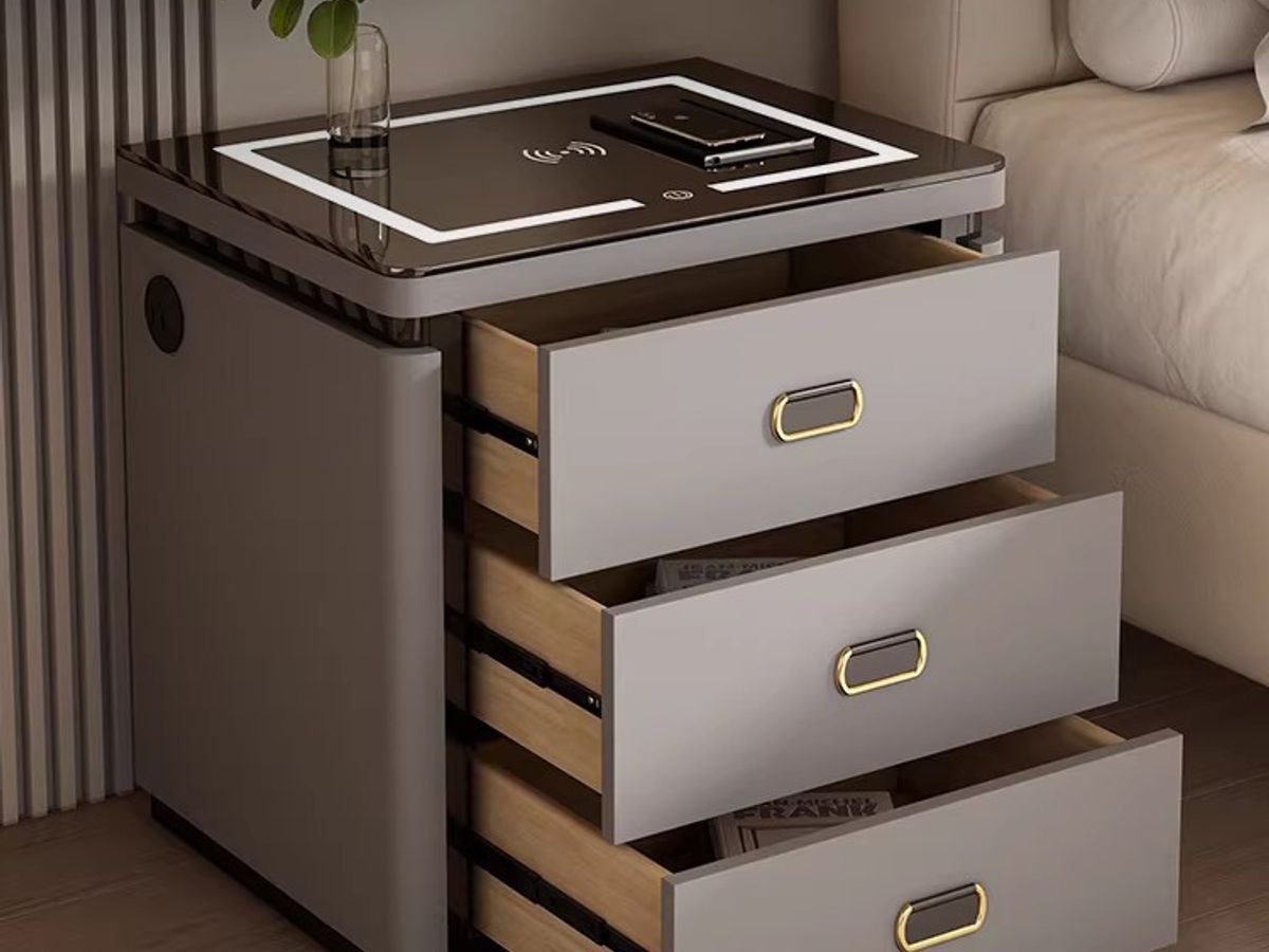 Luxury Faux Leather Nightstand with Glass Top | Modern Bedside Table
