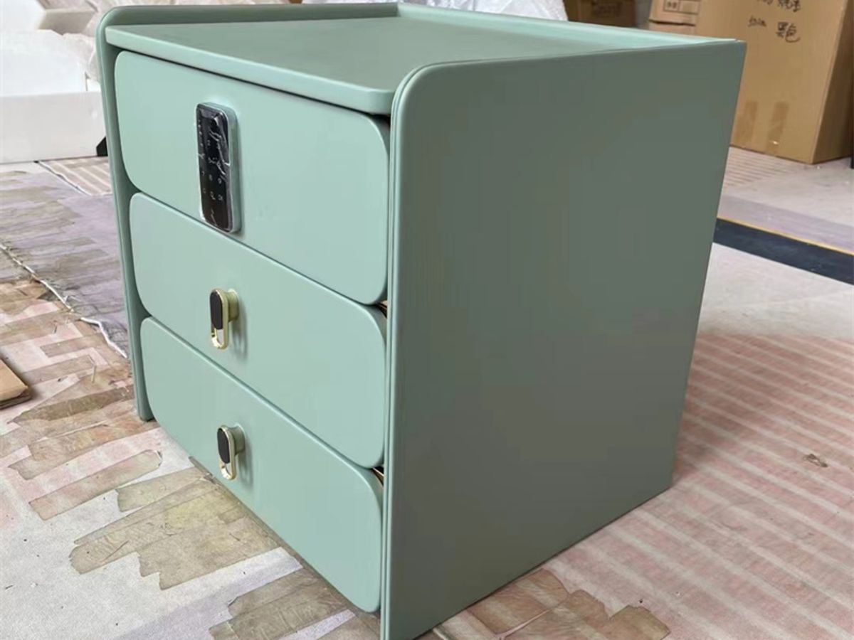 2-DRAWER SMART NIGHTSTAND – Upholstered MDF, Fingerprint Lock, Wireless Charger & Bluetooth Speaker