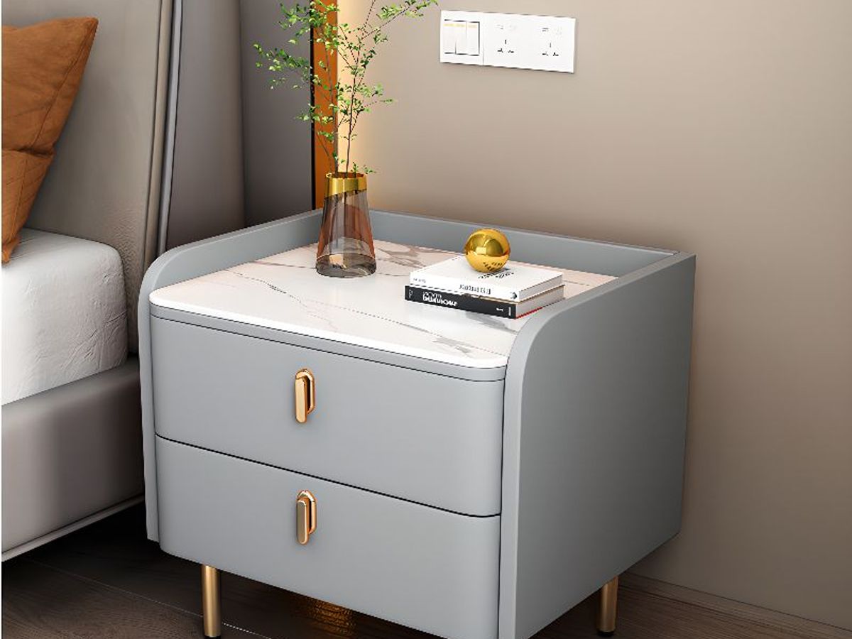 PU Leather 2-Drawer Nightstand with Gold Metal Legs | Factory Direct