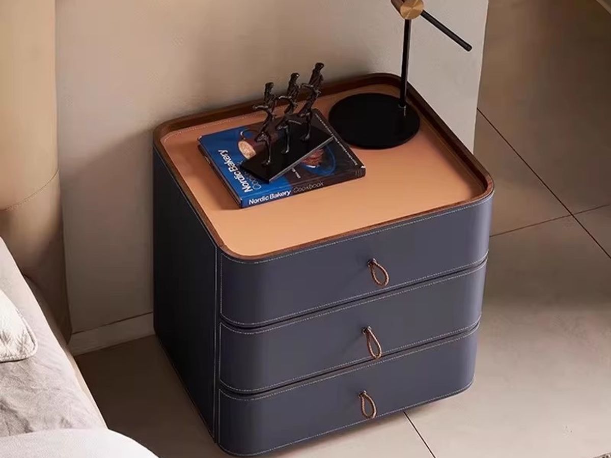 Premium Saddle Leather 2-Drawer Nightstand with Sintered Stone Top