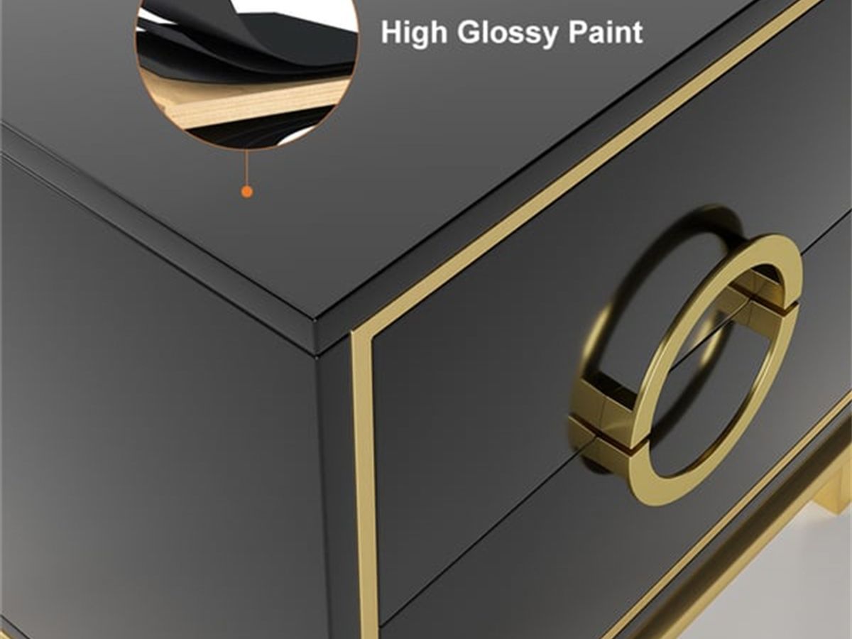 Gold Trim Nightstand | Modern Bedside Table with Stainless Steel Hardware