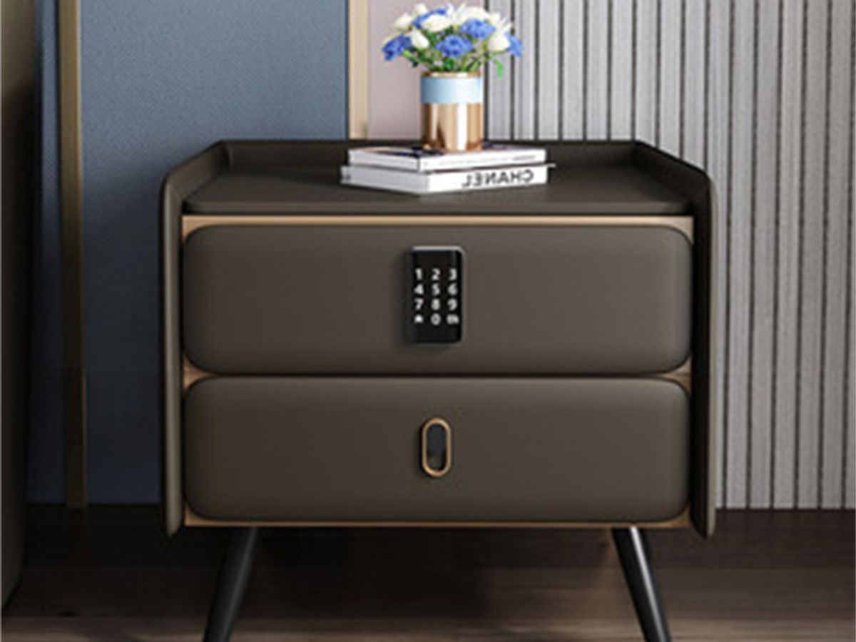 2-DRAWER SMART NIGHTSTAND – Upholstered MDF, Fingerprint Lock, Wireless Charger & Bluetooth Speaker