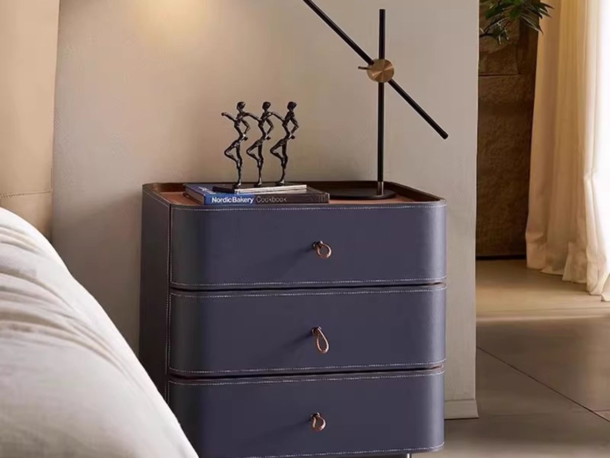 Premium Saddle Leather 2-Drawer Nightstand with Sintered Stone Top