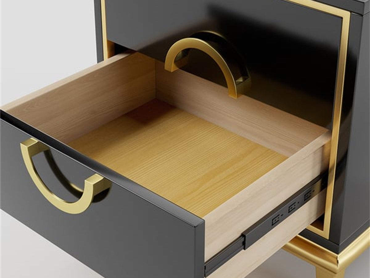 Gold Trim Nightstand | Modern Bedside Table with Stainless Steel Hardware