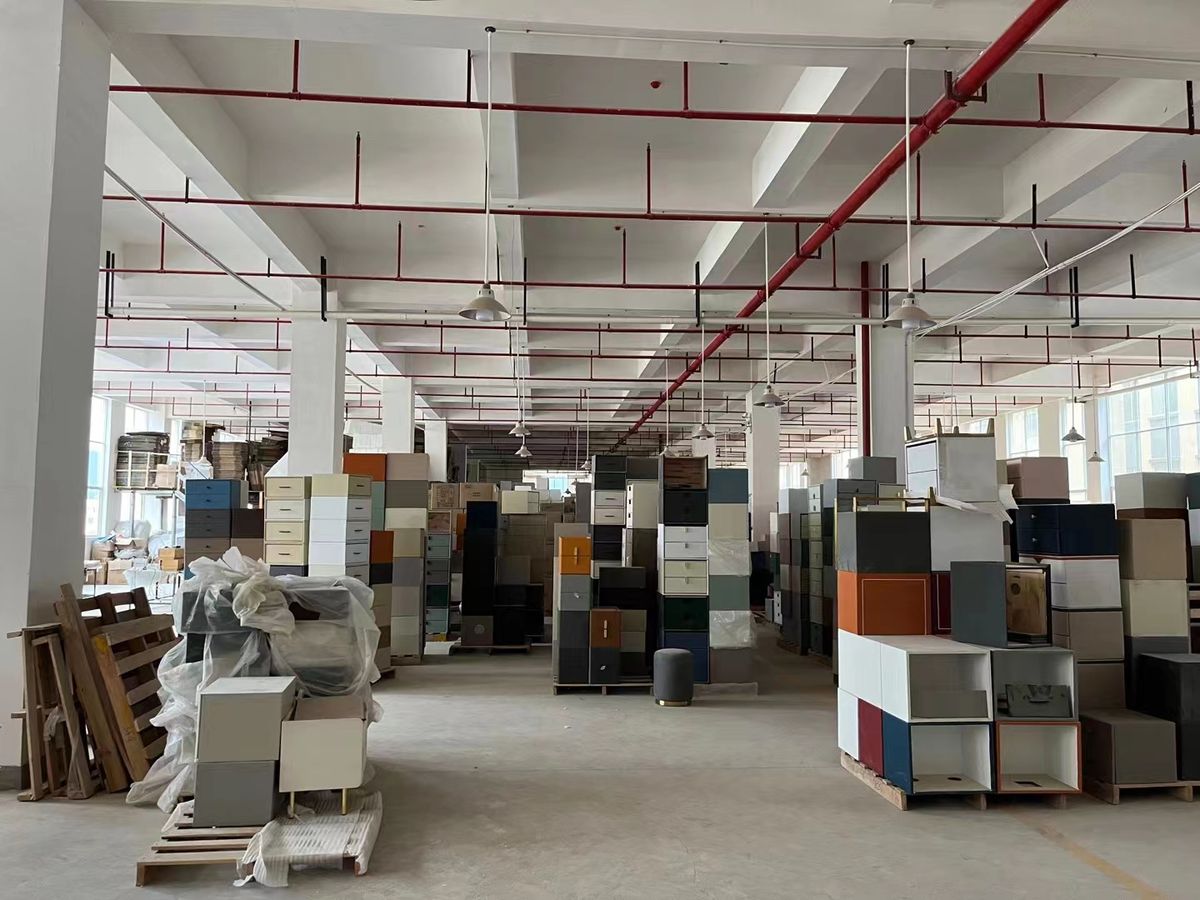 Custom bedside table sample inspection and finish review in HeBai furniture factory