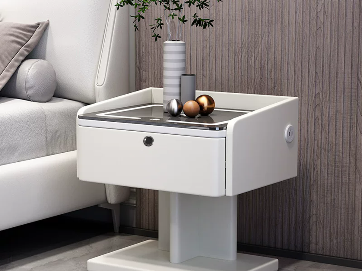 WOOD BEDSTAND – Smart Nightstand with Wireless Charger, Bluetooth Speaker & Fingerprint Lock