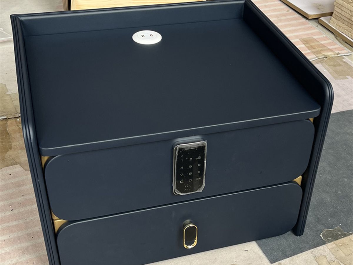 2-DRAWER SMART NIGHTSTAND – Upholstered MDF, Fingerprint Lock, Wireless Charger & Bluetooth Speaker