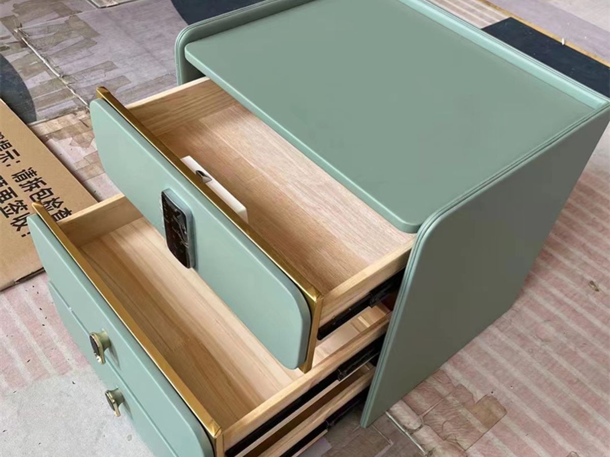 2-DRAWER SMART NIGHTSTAND – Upholstered MDF, Fingerprint Lock, Wireless Charger & Bluetooth Speaker