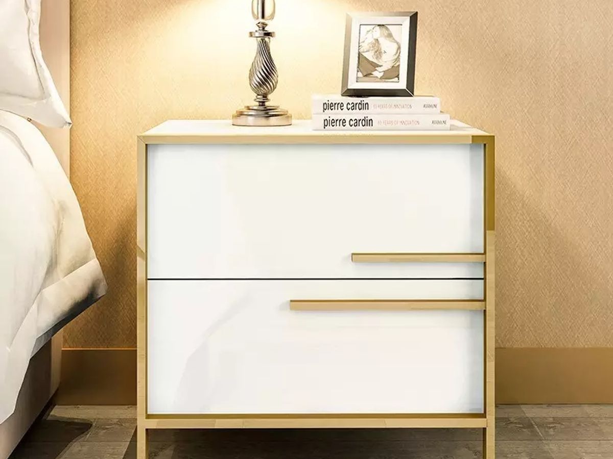 High Gloss Lacquer 2-Drawer Nightstand | Solid Wood Frame with Stainless Steel Legs