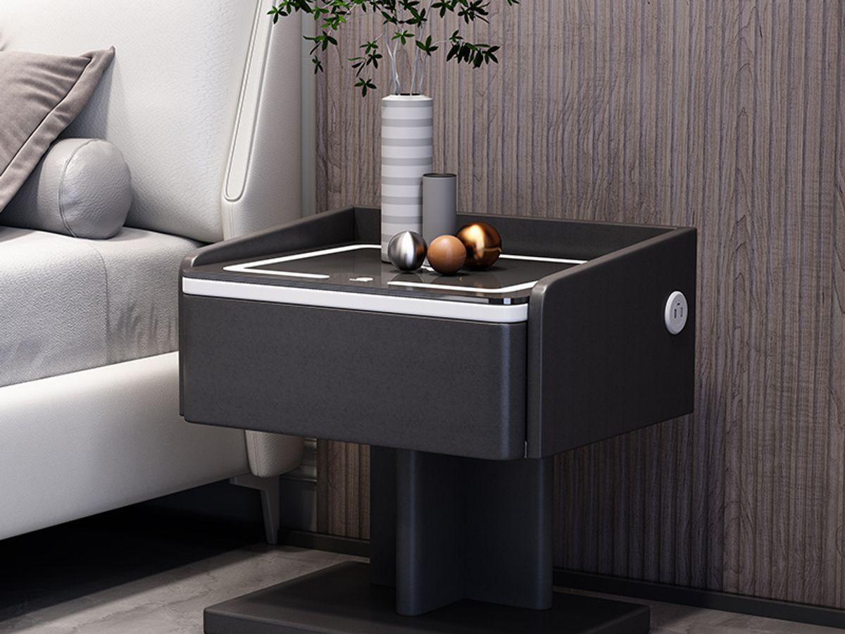 WOOD BEDSTAND – Smart Nightstand with Wireless Charger, Bluetooth Speaker & Fingerprint Lock