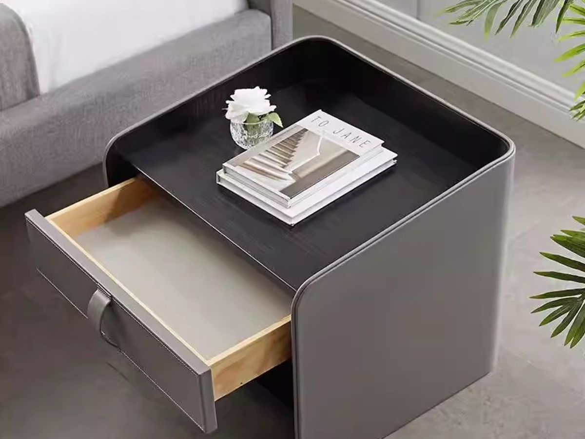 Luxury Leather Bedside Table with Metal Hardware