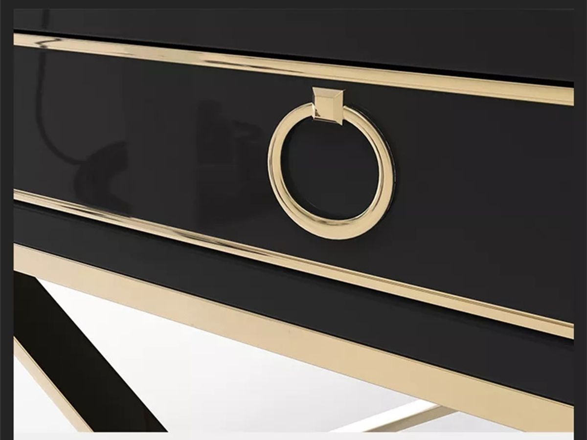 Black Lacquer Bedside Table with Gold Trim | Modern Square Nightstand
