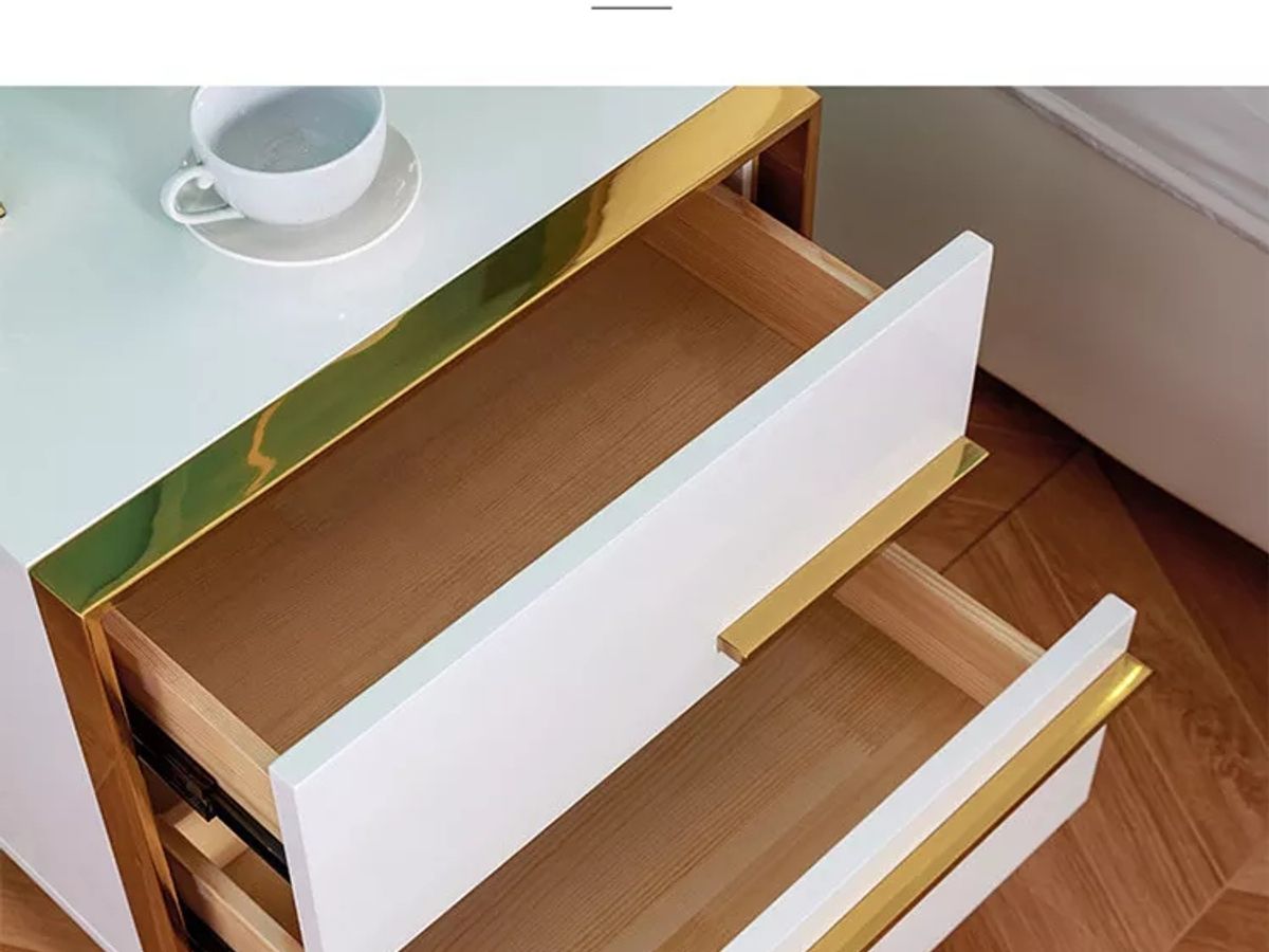 High Gloss Lacquer 2-Drawer Nightstand | Solid Wood Frame with Stainless Steel Legs