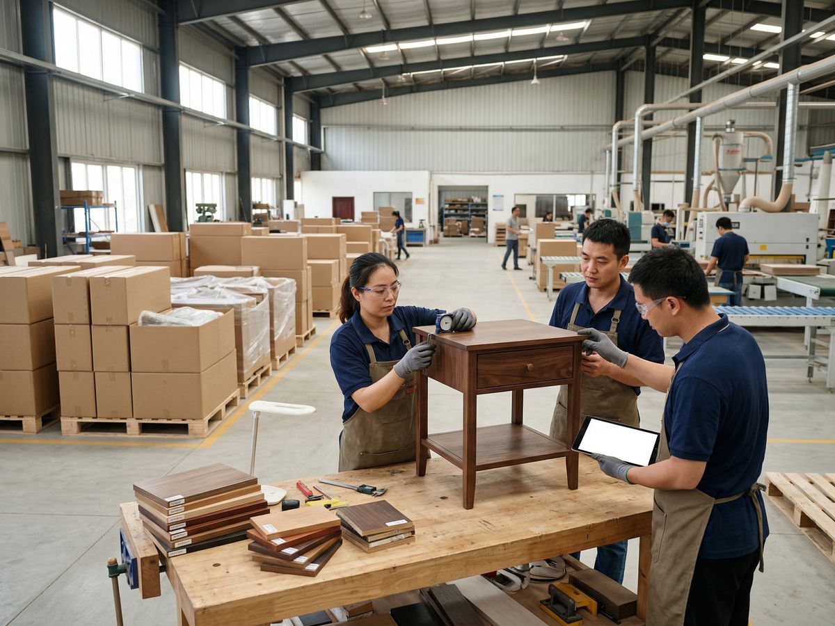 Custom bedside table sample inspection and finish review in HeBai furniture factory