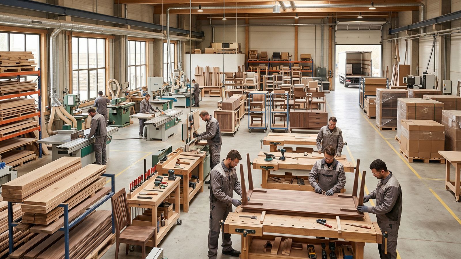 Clean custom furniture factory interior with organized woodworking and assembly area