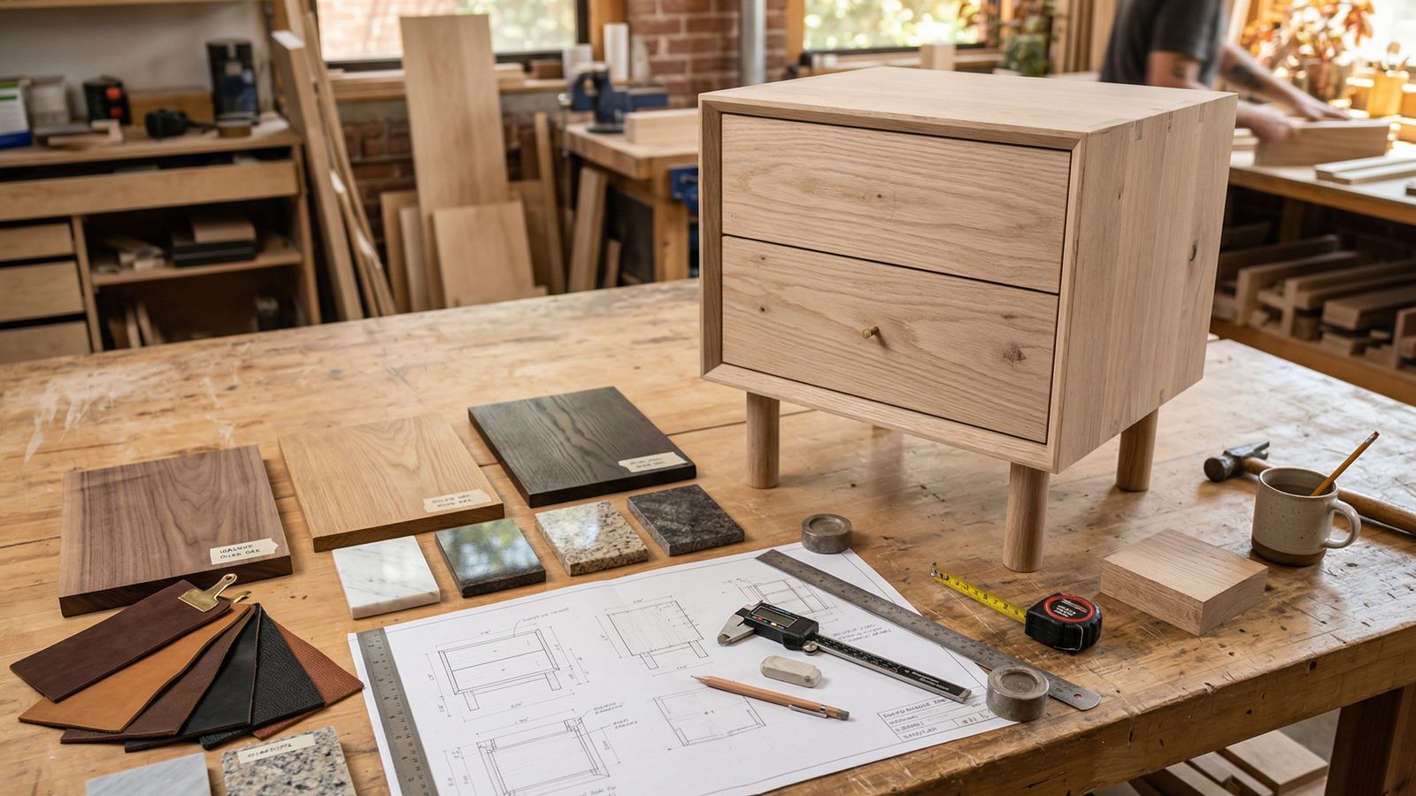 Furniture sample development table with bedside table prototype, finish boards, and technical drawings