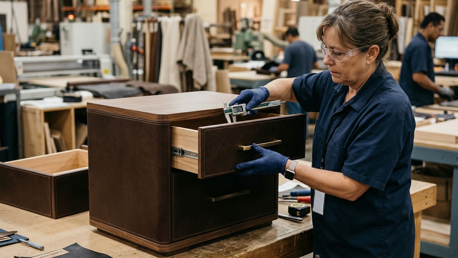 Quality control inspection of a leather nightstand drawer and metal hardware