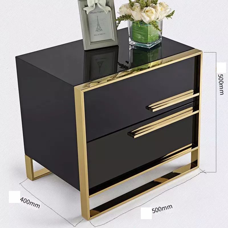 High Gloss Lacquer 2-Drawer Nightstand | Solid Wood Frame with Stainless Steel Legs