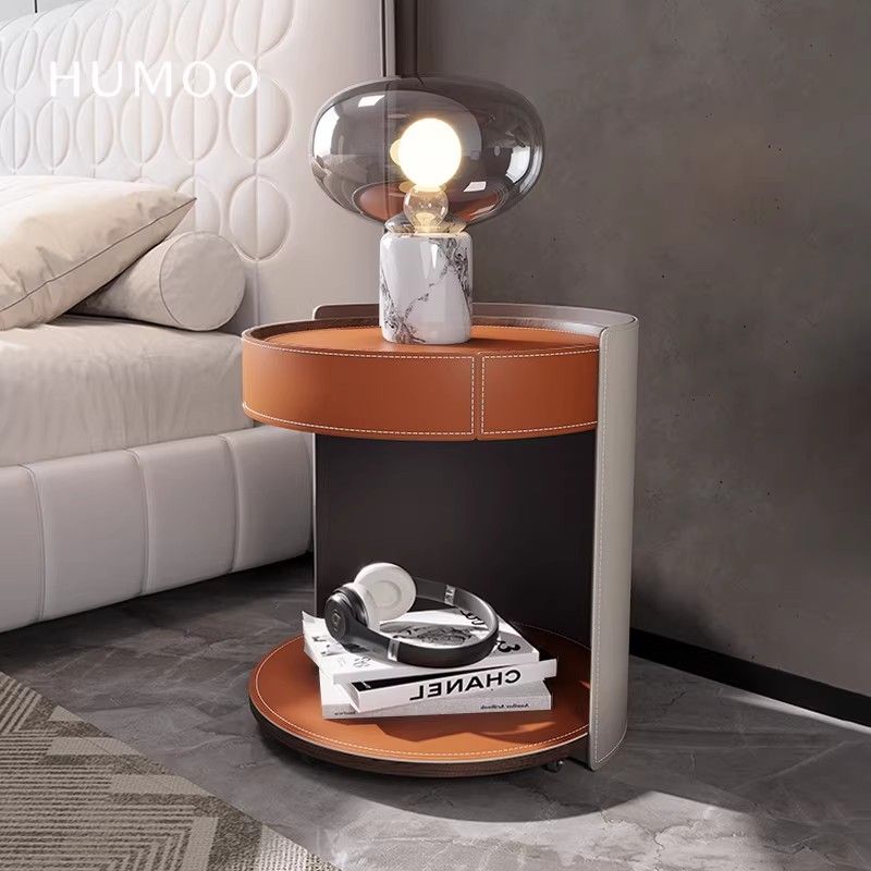 Saddle Leather Bedside Table with Stone Top