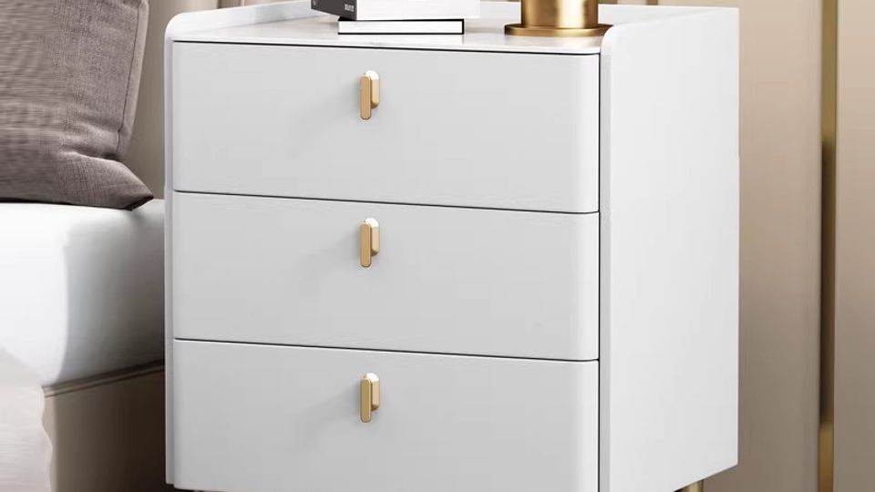 Modern 3-Drawer Bedside Table with Gold Legs | Leather Finish