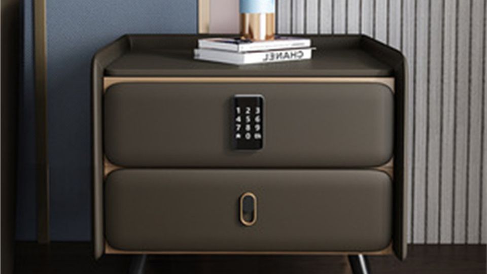 2-DRAWER SMART NIGHTSTAND – Upholstered MDF, Fingerprint Lock, Wireless Charger & Bluetooth Speaker