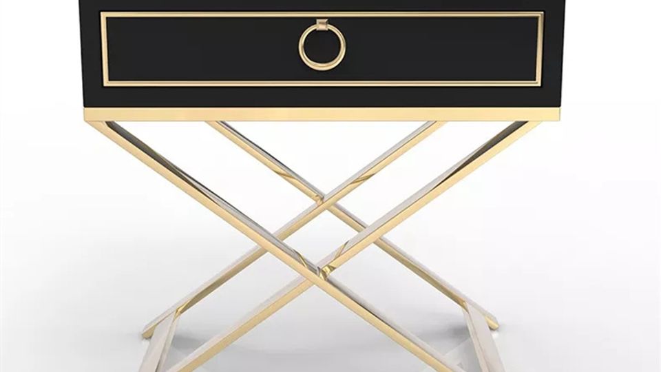 Black Lacquer Bedside Table with Gold Trim | Modern Square Nightstand