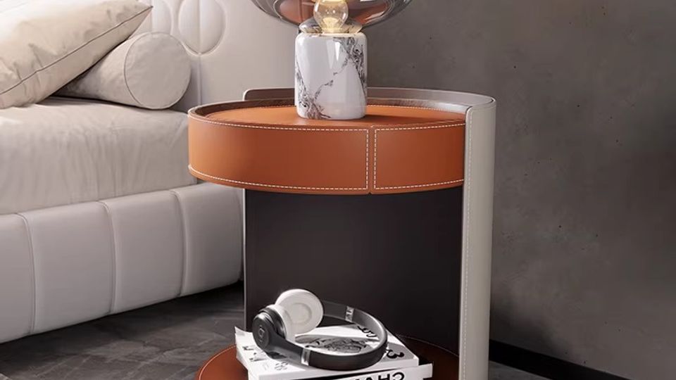 Saddle Leather Bedside Table with Stone Top